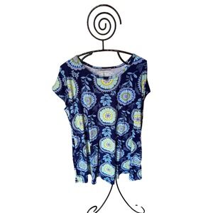 Arianna by Howard's Women's Floral Medallion Cap Sleeve Tunic Top Navy L/XL NEW